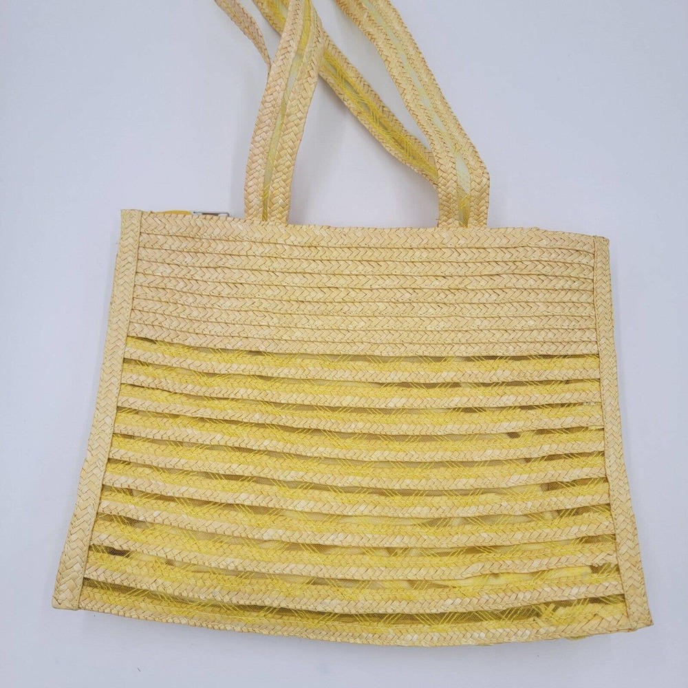 Yellow Summer Beach Bag Striped Straw Mesh Tote Handbag Lined 14.5"×11.5"×5"
